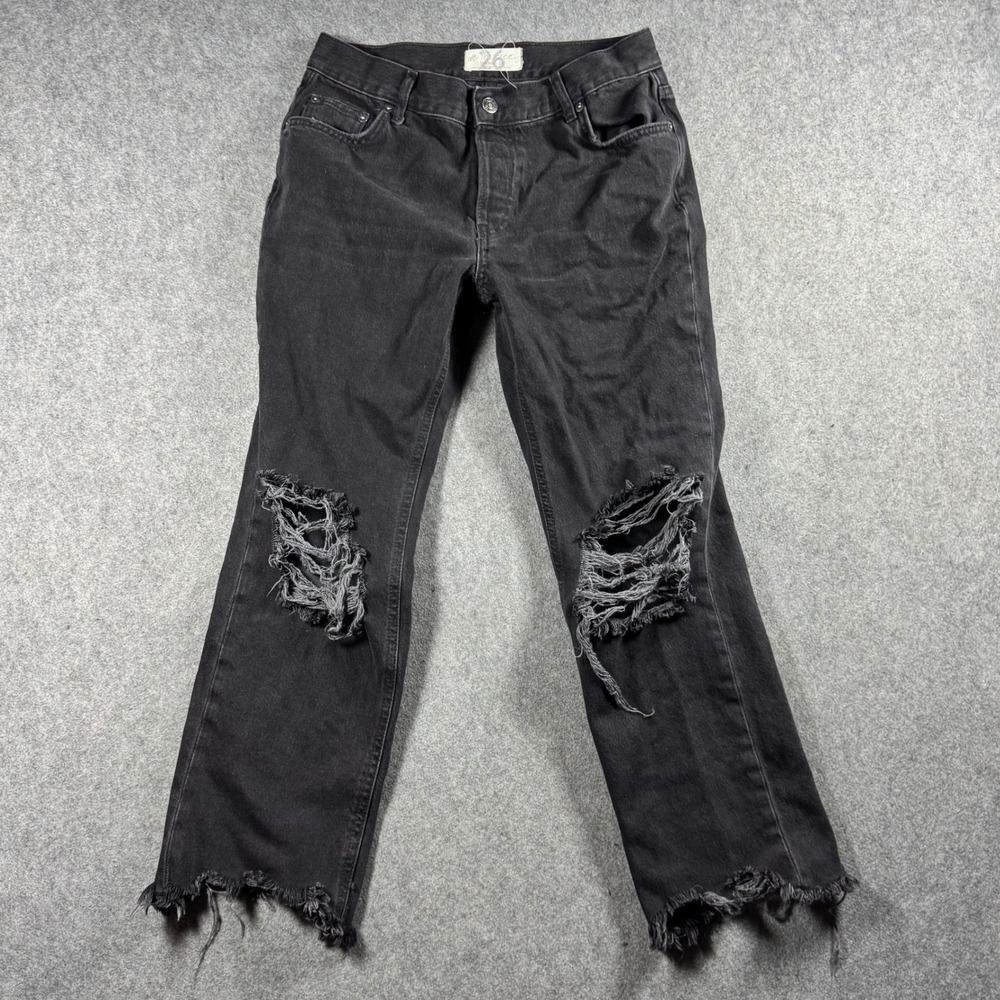 We The Free Free People Distressed Straight Leg Jeans Washed Black Size 26x24